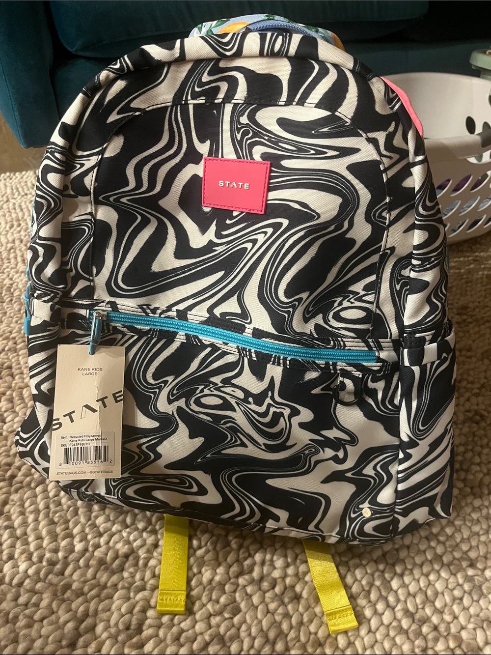 STATE Black & White Marble Kids/Anyone Backpack with Pink Logo and Teal Accent